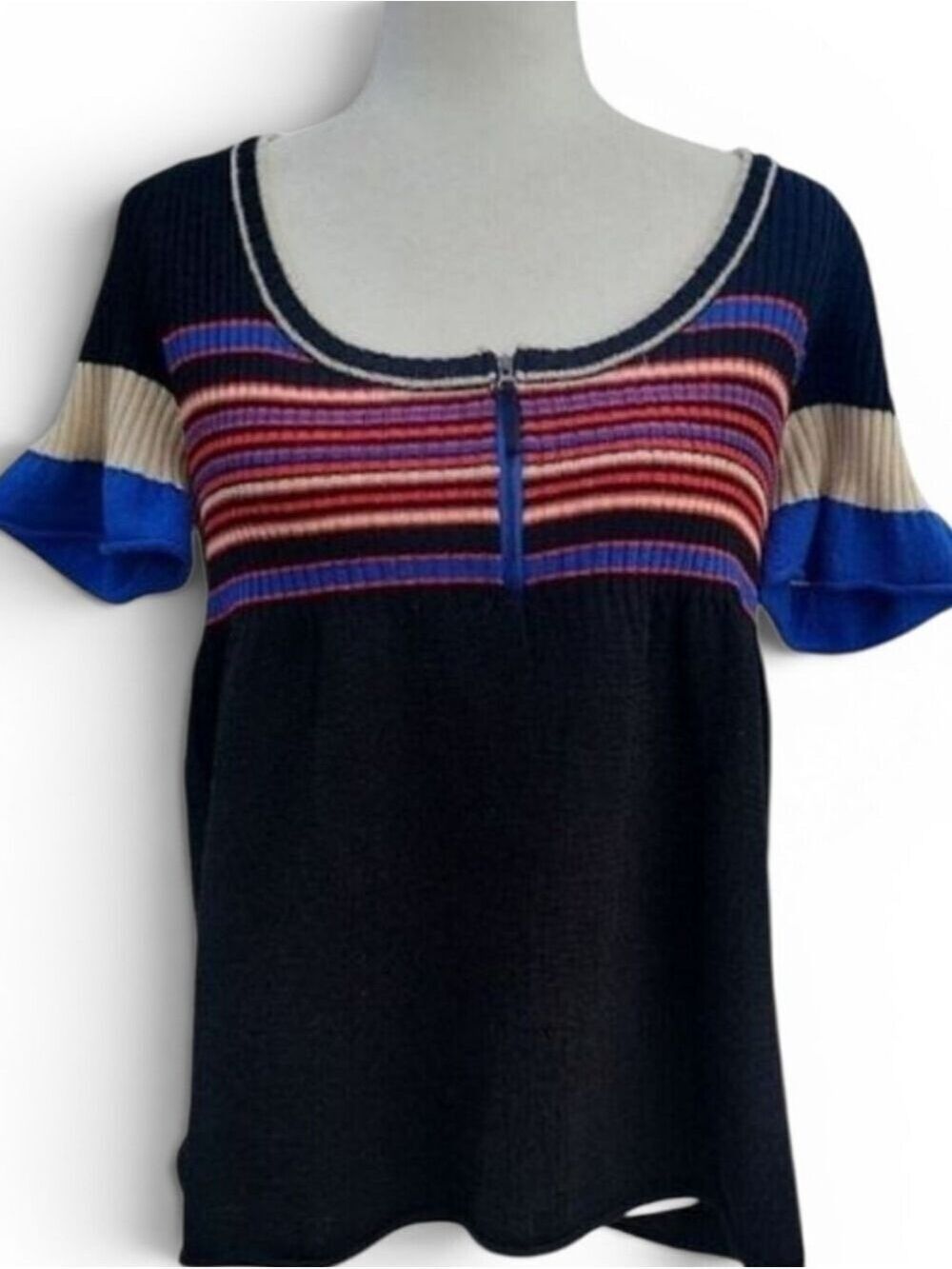 Free People Blue Black Ribbed Short Sleeve Sweater Top Large
